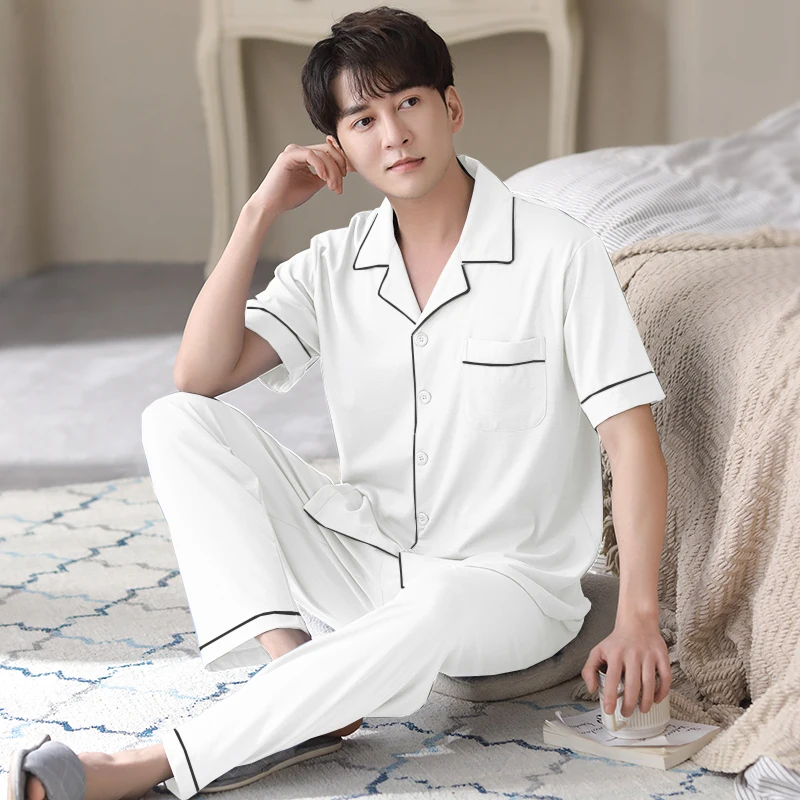 

Summer Men Pajama Set Cotton Sleepwear White Pijama Hombre Nightwear 2Pcs PJ Homeclothes Soft Cotton Pyjama Homme Plus Size