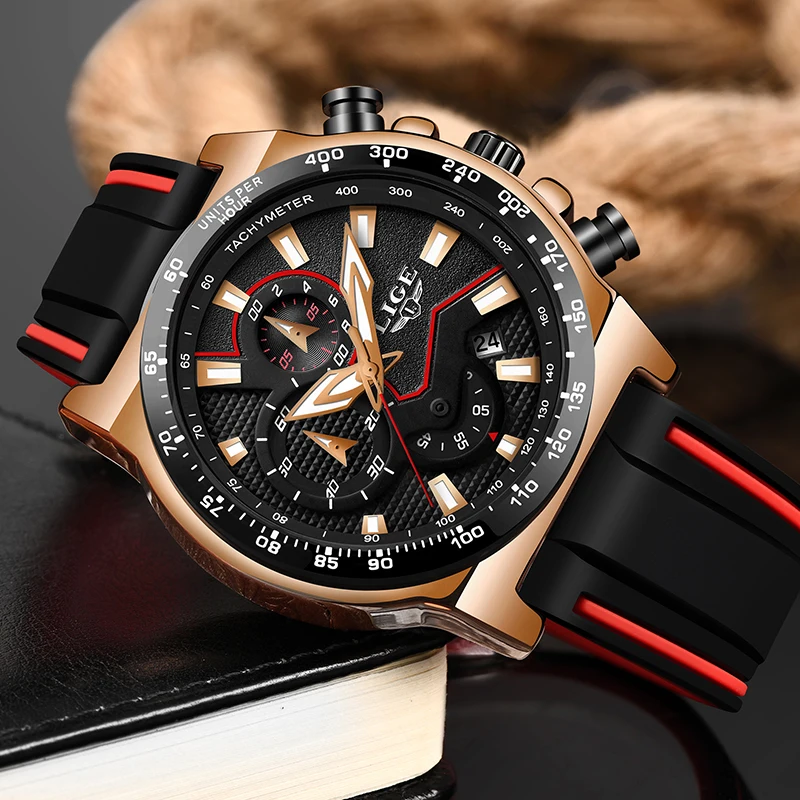 Часы LIGE мужские кварцевые водонепроницаемые с силиконовым ремешком|Кварцевые
