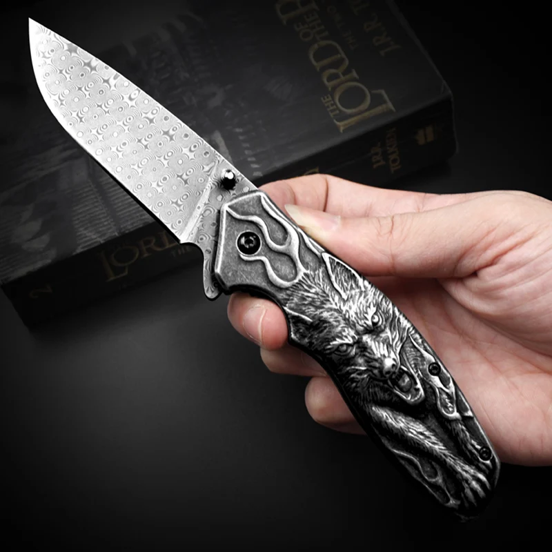 Folding knife Free shipping Sharp Damascus steel  Wolf Totem handle outdoor camping self defense survival EDC tool