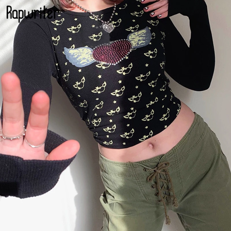 

Rapwriter Heart Pattern Crop Top Cute Printed Black Tshirt Punk Long Sleeve Pullovers Women O Neck Tee 90s Autumn Streetwear