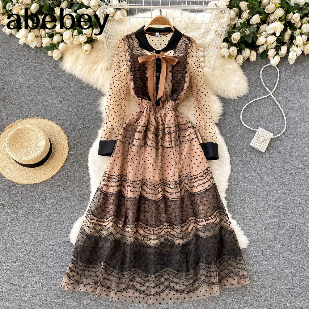 Женское Сетчатое платье миди в горошек элегантное платье-трапеция во