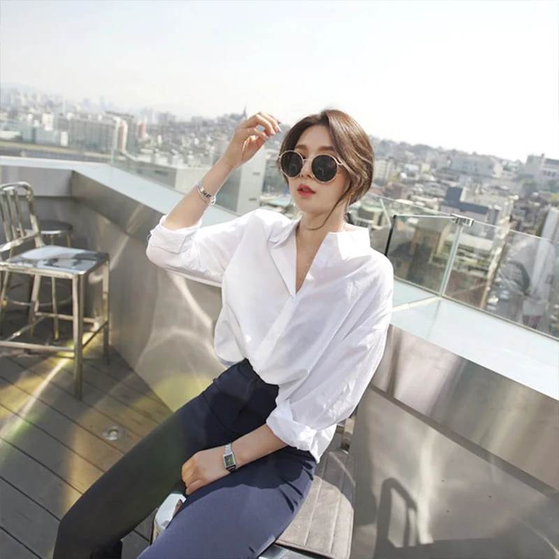 

New Arrival Women Solid Turn-down Collar White Shirt Batwing Sleeve Button Up Long Blouse Korea Style Feminina Blusa