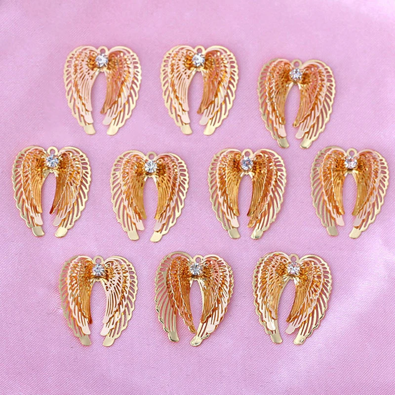 

10pcs Multilayer Alloy Angel Wing Feather Charms Pendant Golden Metal Small Rhinestone Necklace Pendant For diy Earring Material