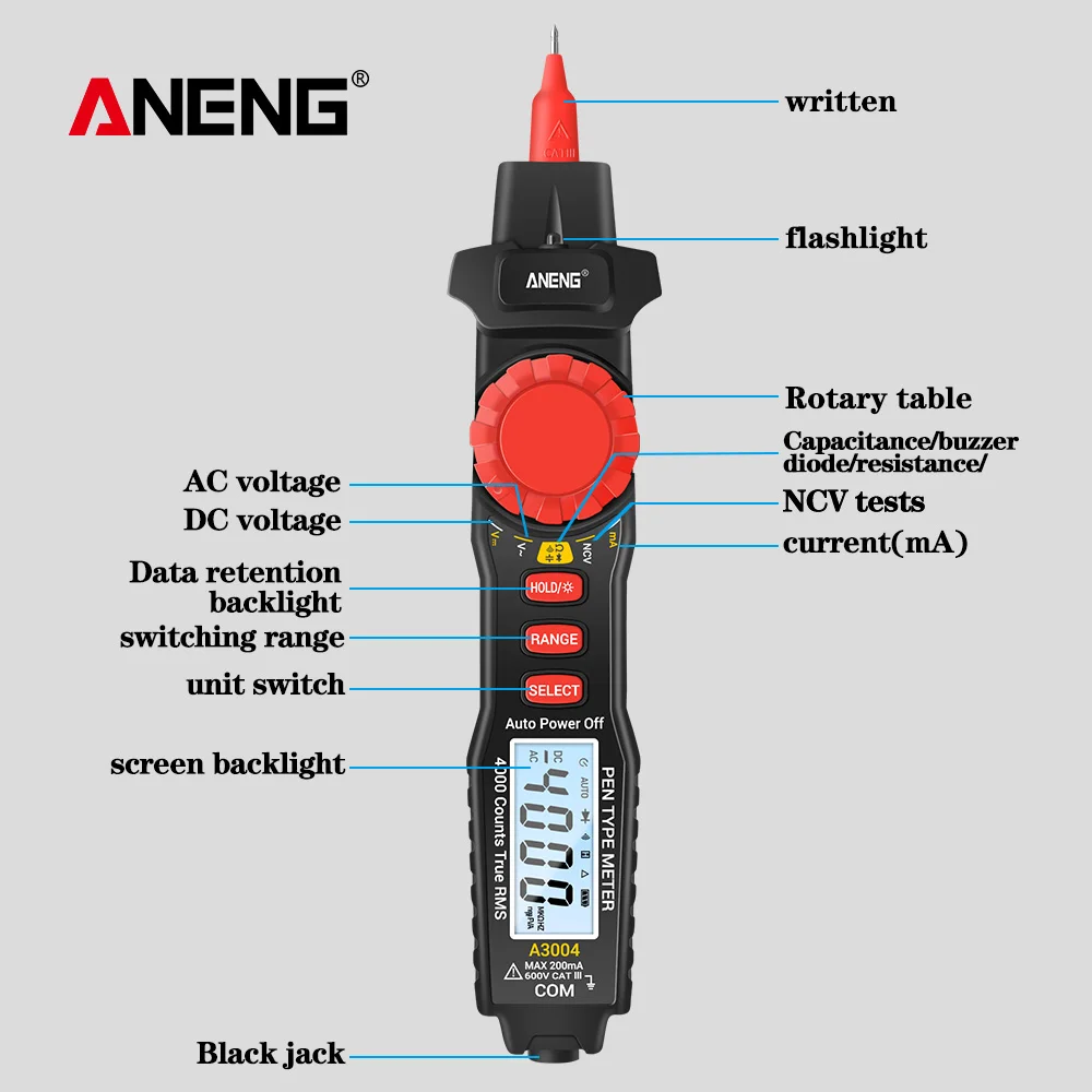 

ANENG A3004 Digital Multimeter Pen 4000 Counts AC/DC Current Meter Electric Handheld Tester Voltage Resistance Profesional Tools