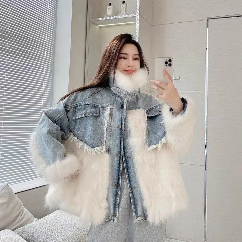 Женская куртка средней длины джинсовая парка из искусственного меха енота с