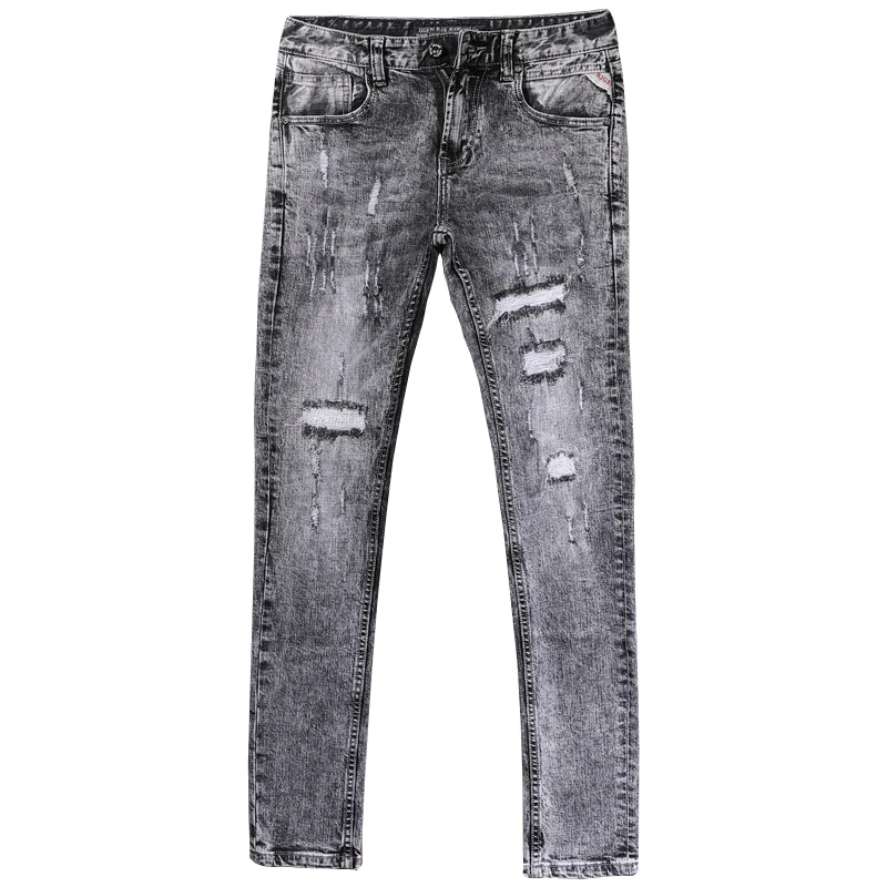 Vintage Gray Ripped Low Waist Jeans Men Streetwear Cotton Slim Fit Straight Stretch Denim Pants