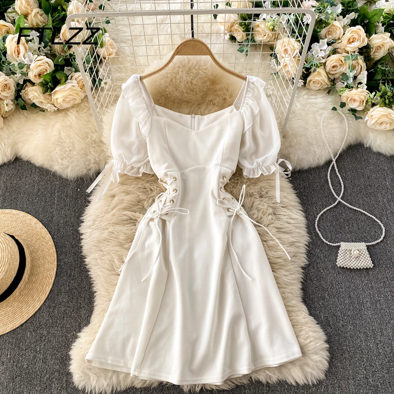 

Women Bandage Dress Summer Sexy Square Collar Sweet Ruffles White Dresses Ladies Slim A Line Vintage Short Robe Vestidos Mujer
