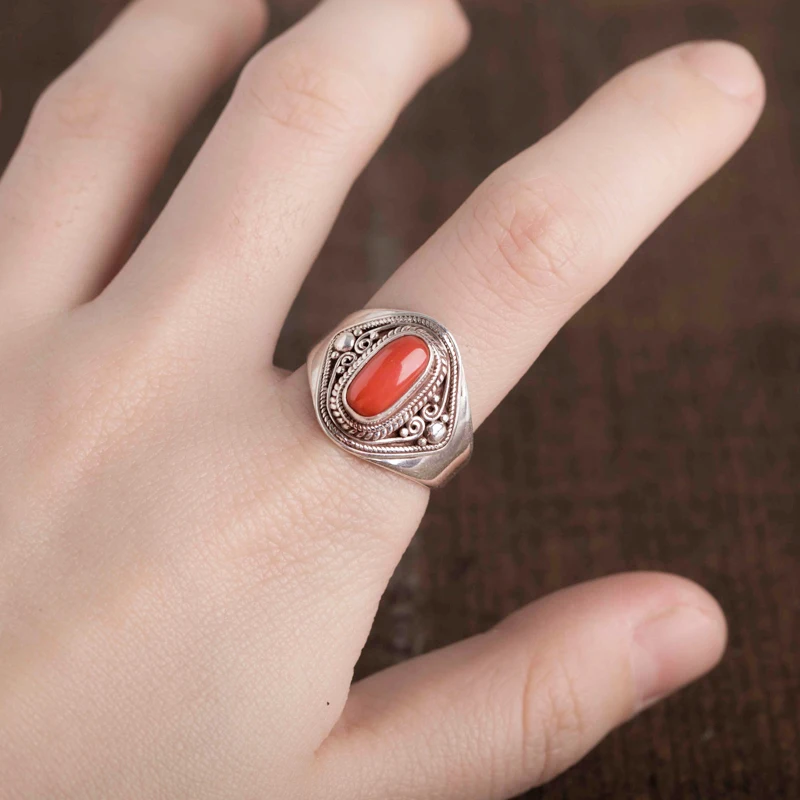 

India Nepal Handmade Silver Accessories 925 Silver Ring Inlaid with Gem Female Male Open Tibetan Retro Ethnic Style
