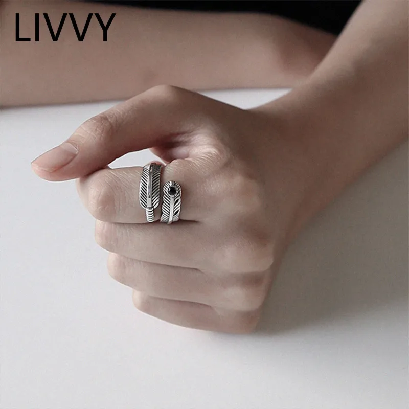 

LIVVY Thai silver Color Feather Black stone open Ring Adjustable Size for Women Jewelry Fashion Tide High Quality Jewelry