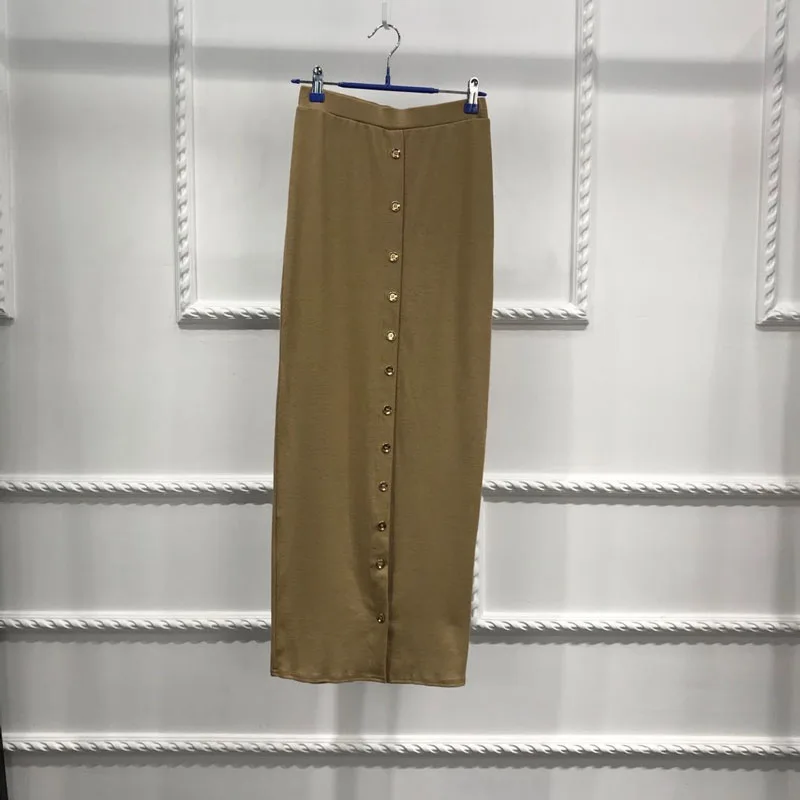 Khaki skirt Хлопковая женская облегающая Однотонная юбка-карандаш мусульманская малайзийская Женская юбка с высокой талией, плотно прилегающая пуговица - Цвет: Khaki skirt