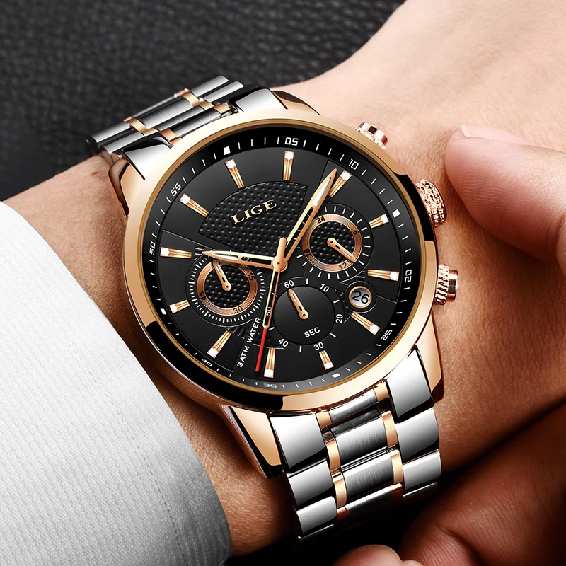 Reloj hombre модные золотые мужские часы lige top класса люкс Бизнес Нержавеющая сталь Водонепроницаемый кварцевые часы Для мужчин, спортивные часы