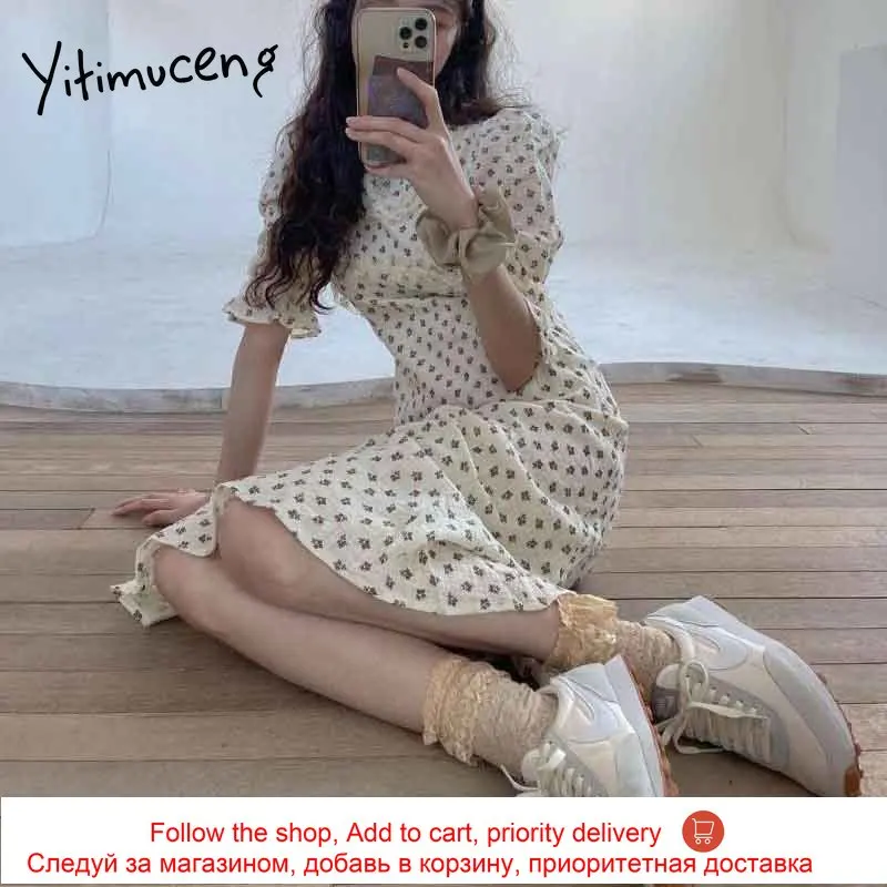 

Yitimuceng Floral Print Dresses for Women Lace High Waist Puff Sleeve White sundress 2021 Summer Korean Fashion Boho Midi Dress