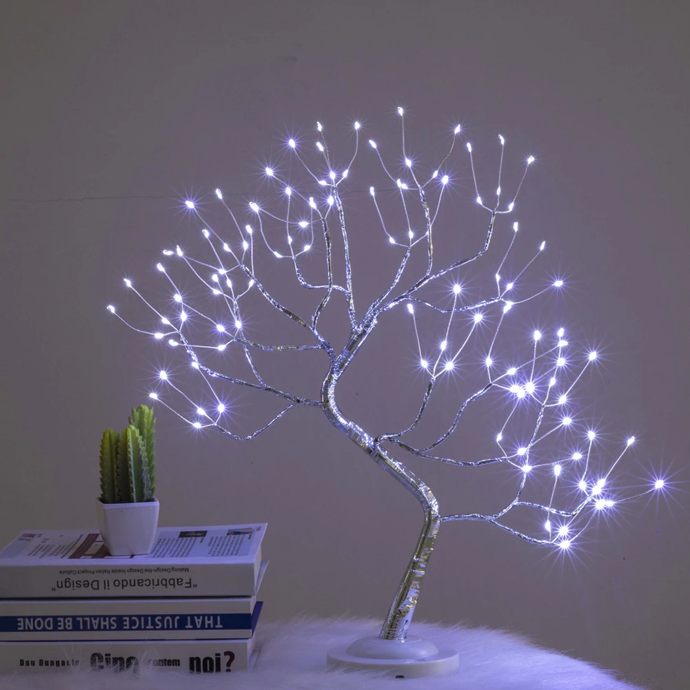 

108 LED Wire Christmas Fire Tree USB 3D Table-Lamp Copper Night Light for Home Holiday Bedroom Indoor Kids Bar Decor Fairy Light