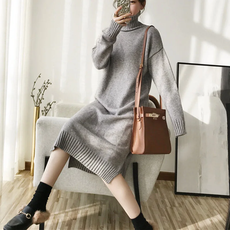 2019 зимние женские повседневные платья осенние с длинным рукавом Водолазка