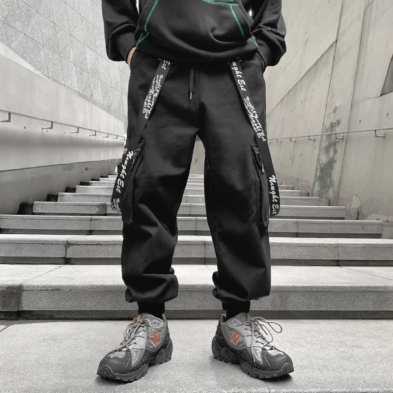 

Men Ribbons Streetwear Cargo Pants Nice Autumn Hip Hop Joggers Pants Overalls Black Fashions Baggy Pockets Trousers Dropshipping