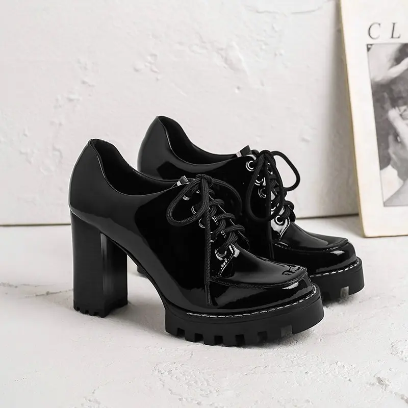 

High Heels for Women Genuine Leather Platform Pumps Lace Up Chunky Heels Black Patent Leather Shoes Woman