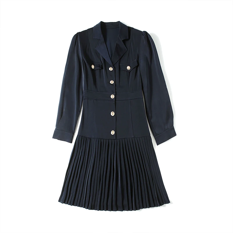 

COIGARSAM England Style Women dress Vintage Notched Dresses Navy Blue 8713