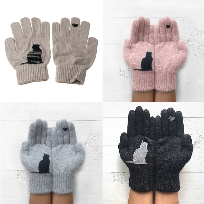 

Women Winter Faux Wool Thick Warm Knit Gloves Cartoon Cat Bird Patchwork Mittens T5UF