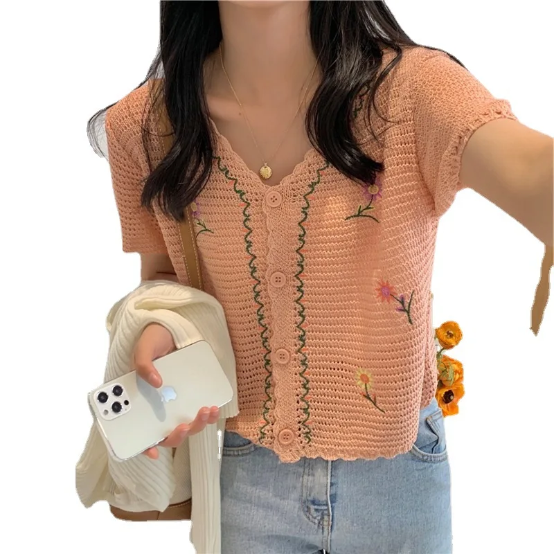 

Женский тонкий трикотажный кардиган с вышивкой из вискозы, лето 2021, с V-образным вырезом и короткими рукавами