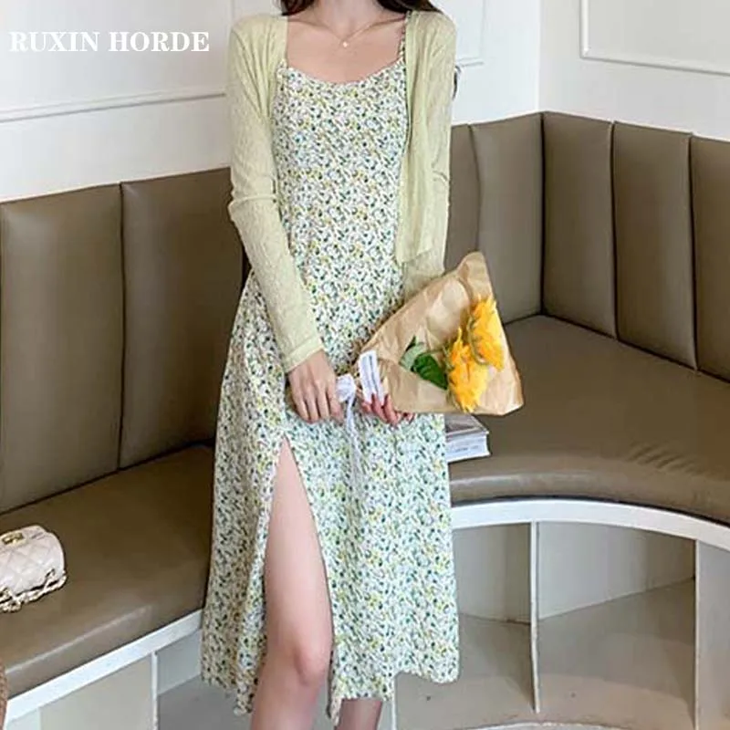 

Модный новый удобный кардиган 2021, летнее однотонное женское шифоновое платье на бретелях с красивым французским цветочным узором