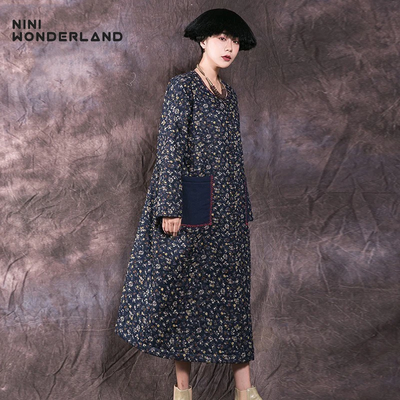 Женское платье с цветочным принтом NINI WONDERLAND теплое Хлопковое в стиле ретро