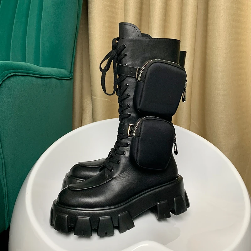Jual Baru Kantong Motor Boots Wanita Round Toe Tebal Bawah Tumit Wanita Renda Pertengahan Betis Boots Musim Dingin Pasang Kaos Mujer
