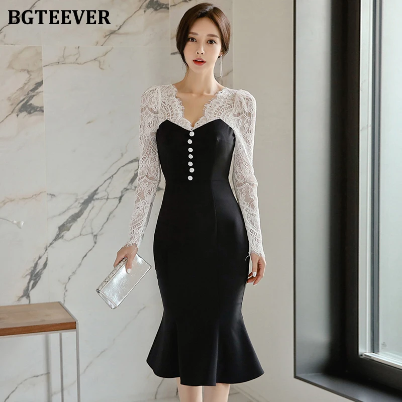 Женское платье в стиле пэчворк BGTEEEVR элегантное кружевное с пуговицами и длинным