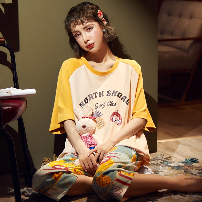 

Простая Пижама, женские пижамы, Хлопковые женские пижамные комплекты с коротким рукавом, домашняя одежда, милая мультяшная Пижама для отдых...