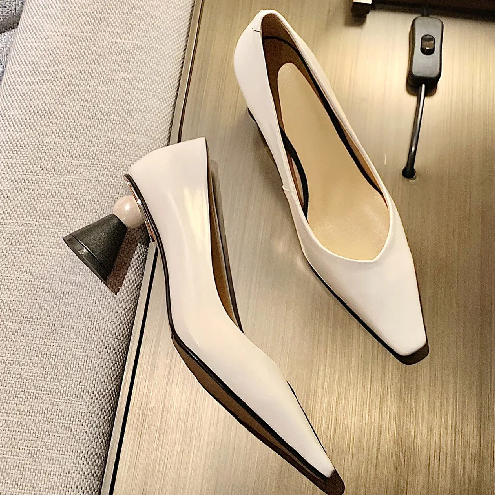 

Women's genuine leather pointed toe slip-on pumps elegant ladies OL style high heel spring new dress shoes high quality heels