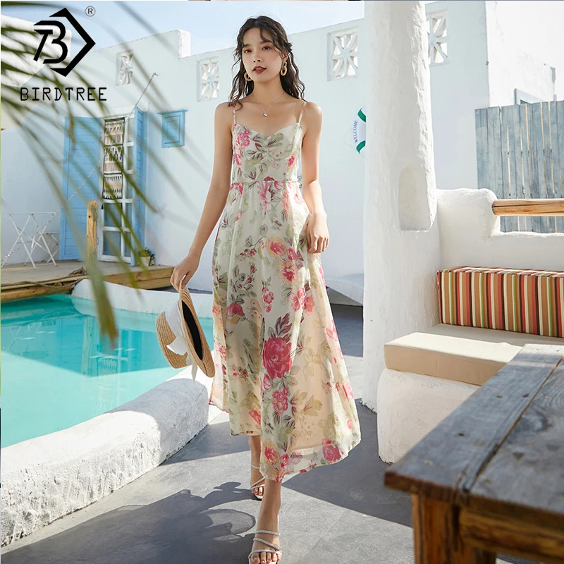 Женское пляжное платье с цветочным принтом элегантное комбинация средней длины