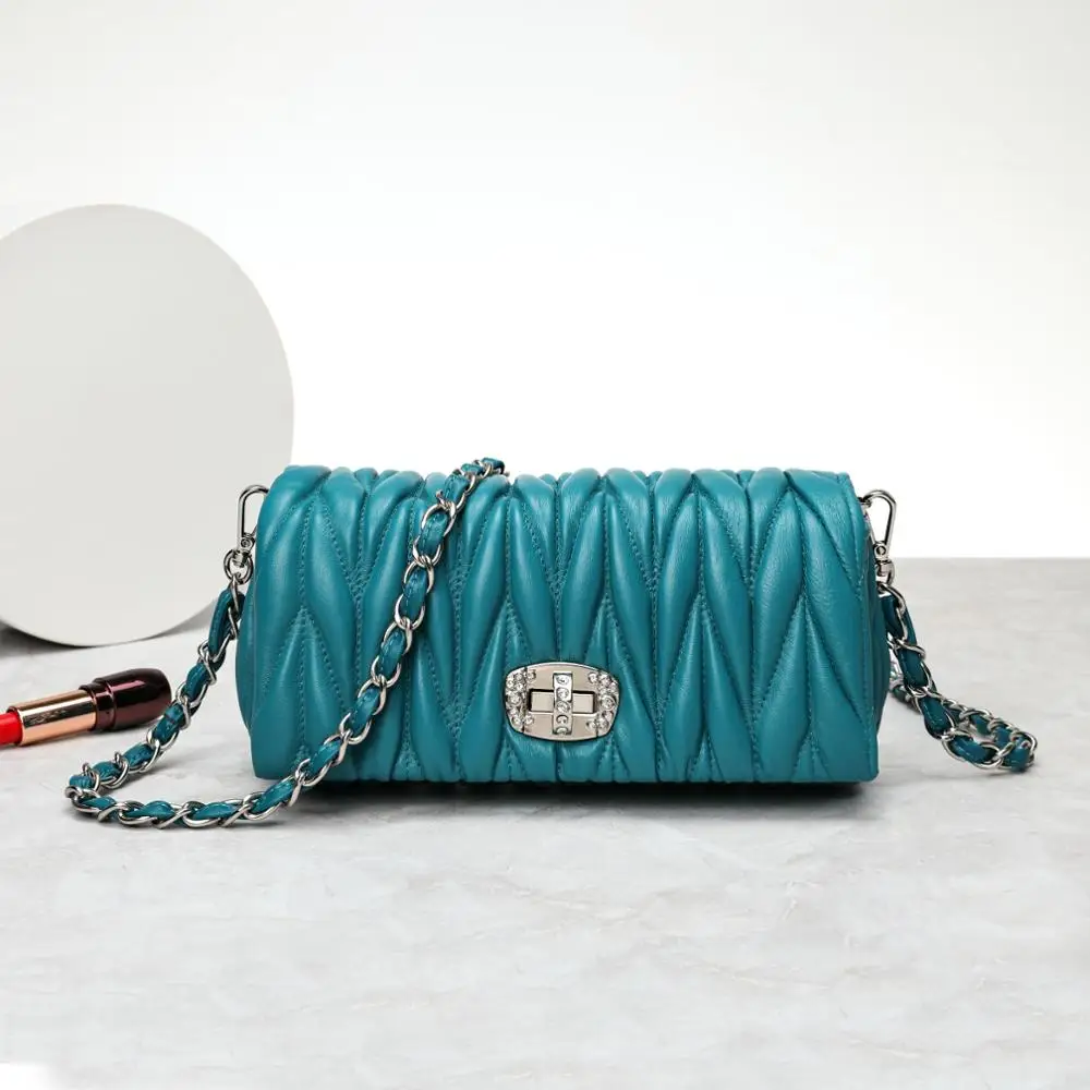 

free shipping 2020 the new style pleated genuine leather sheepskin women handbag one shoulder bag crossbody bag 4 color 23cm