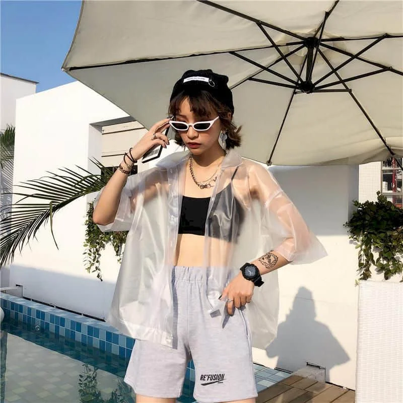 

Waterproof T-shirt Retro Plastic Transparent Short Sleeve Top Women's Jacket Men's and Women's Personality Street Women's Jacket