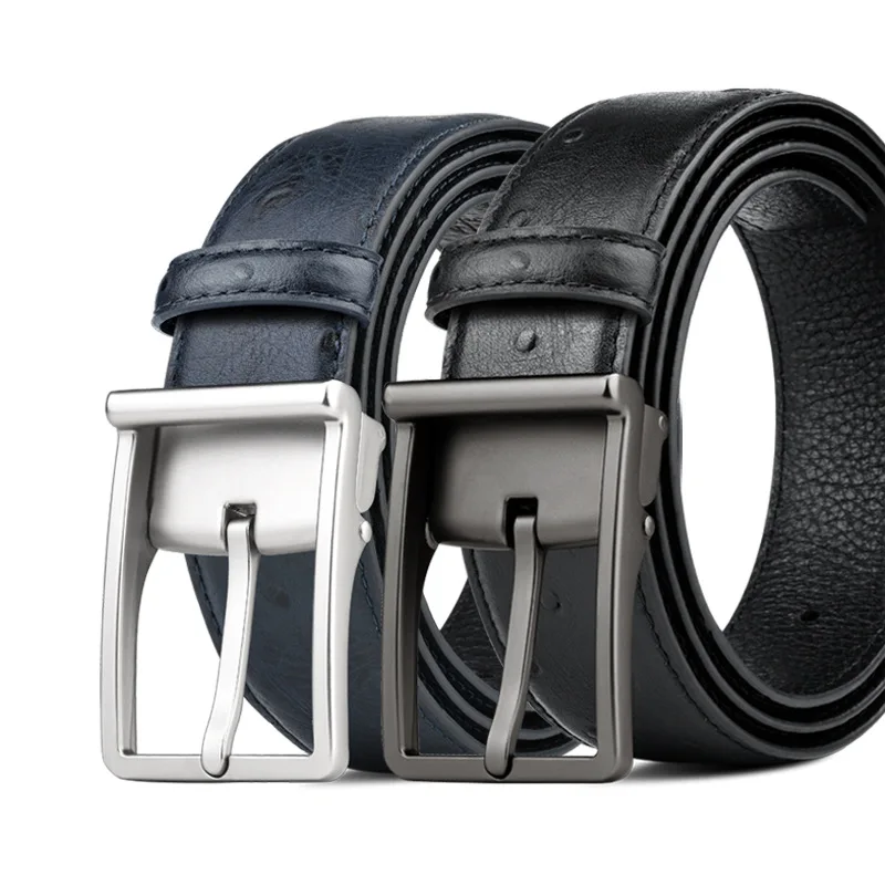 

New Men's Leather Belt Fashionable Casual Pin Buckle All-match Trouser Belt Ostrich Pattern Embossed Top Layer Cowhide Belt Male