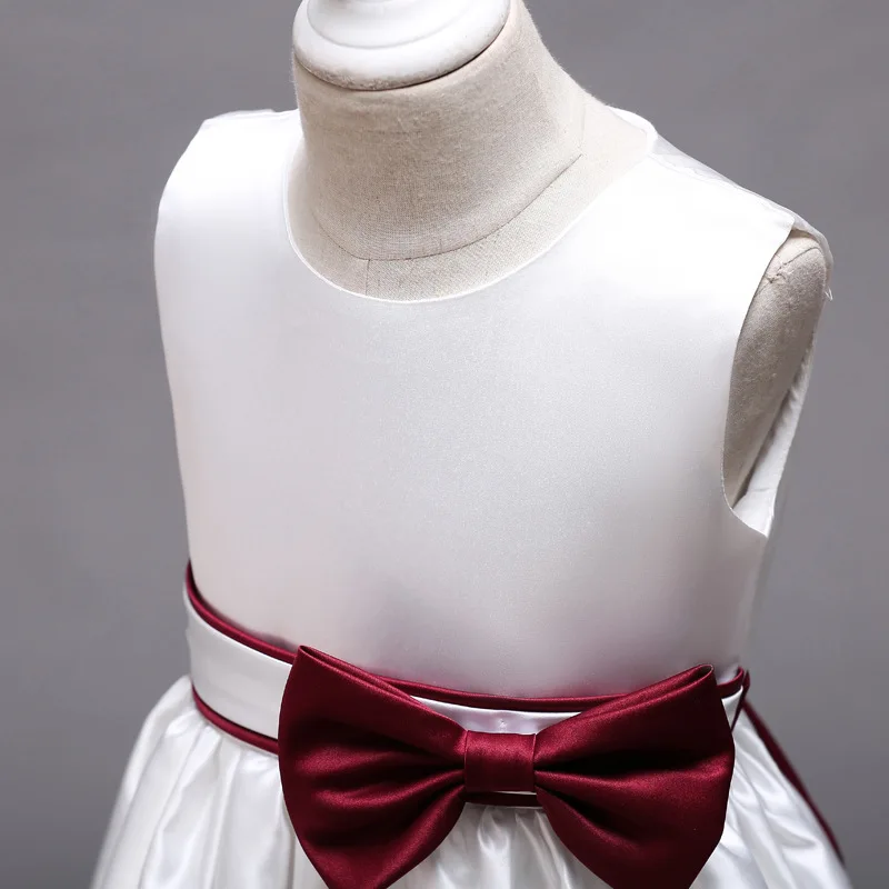 

Flower Girls Dresses Luxury Sleeveless Bow Burgundy Elegant Ball Gown O-Neck Knee-Length Lovely Kids Party Princess Skirt F104