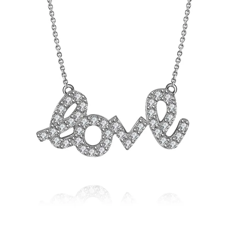 

ANZIW Trendy 925 Sterling Silver Letters Love Necklace Pendant Women Wedding Engagement Long Chain Promise Jewelry Lover Gifts
