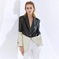 patchwork pu leather blazers for women notched long sleeve clothes casual coats female 2021 fashion clothing tide