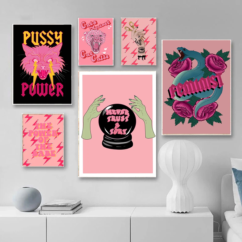 

Феминистская мода искусство розовая девушка сила стены холст живопись плакаты и принты девушки подарок современные картины гостиная домаш...