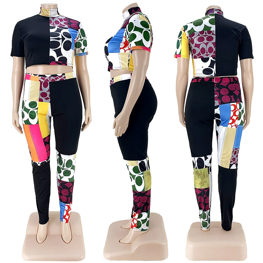 

Plus Size 5XL Women's Fashion Print Contrast Semi-high Collar T-shirt Two-piece Set Sexy Nightclub Outfits Women Clothing
