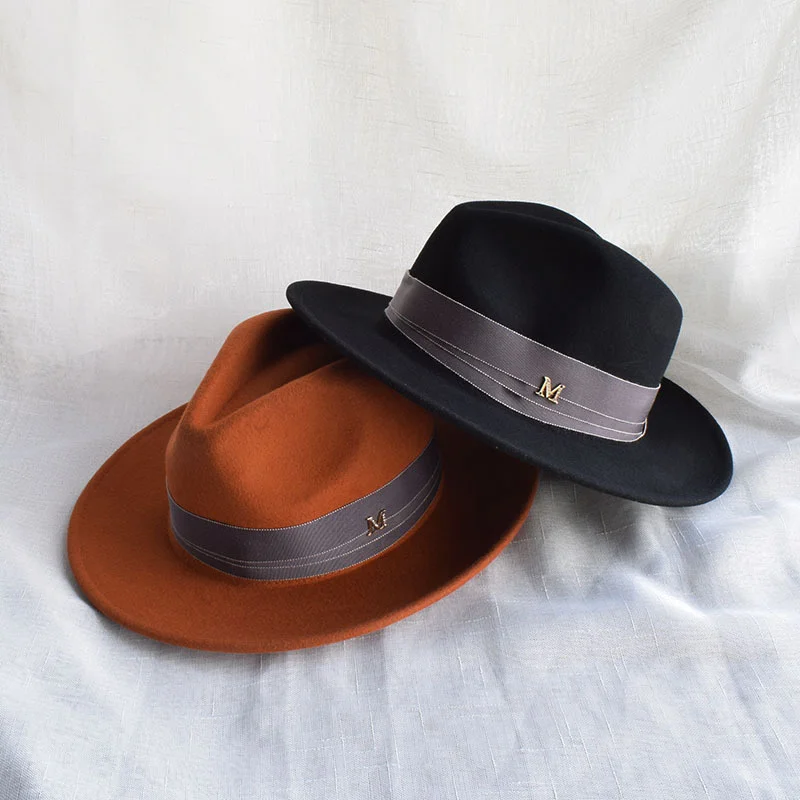 

Women Hats British Style M Letter Ribbon Band Felt Fedora Hats Winter Autumn Wide Brim Dress Formal Jazz Wedding Hat