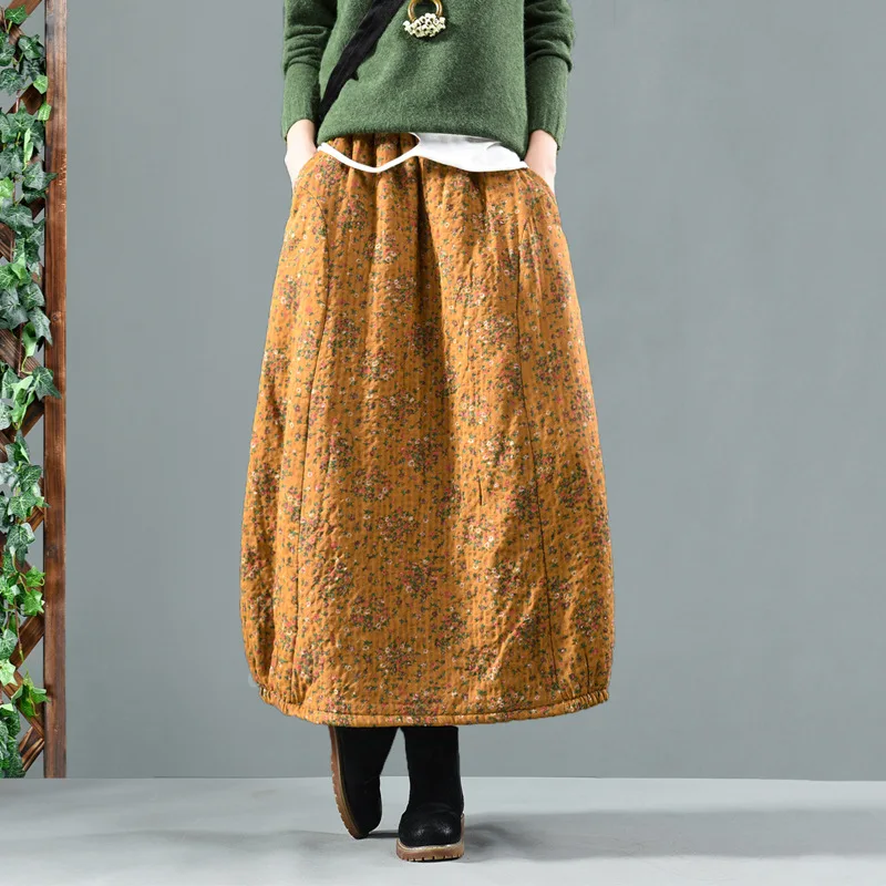 Бархатная юбка с принтом в стиле ретро из хлопка и льна длинная цветочным