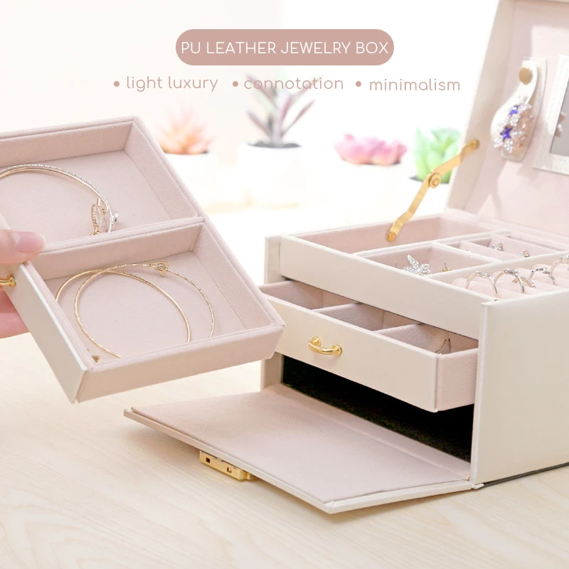 Шкатулка для ювелирных украшений женщин кожаный 3-уровневый органайзер хранения