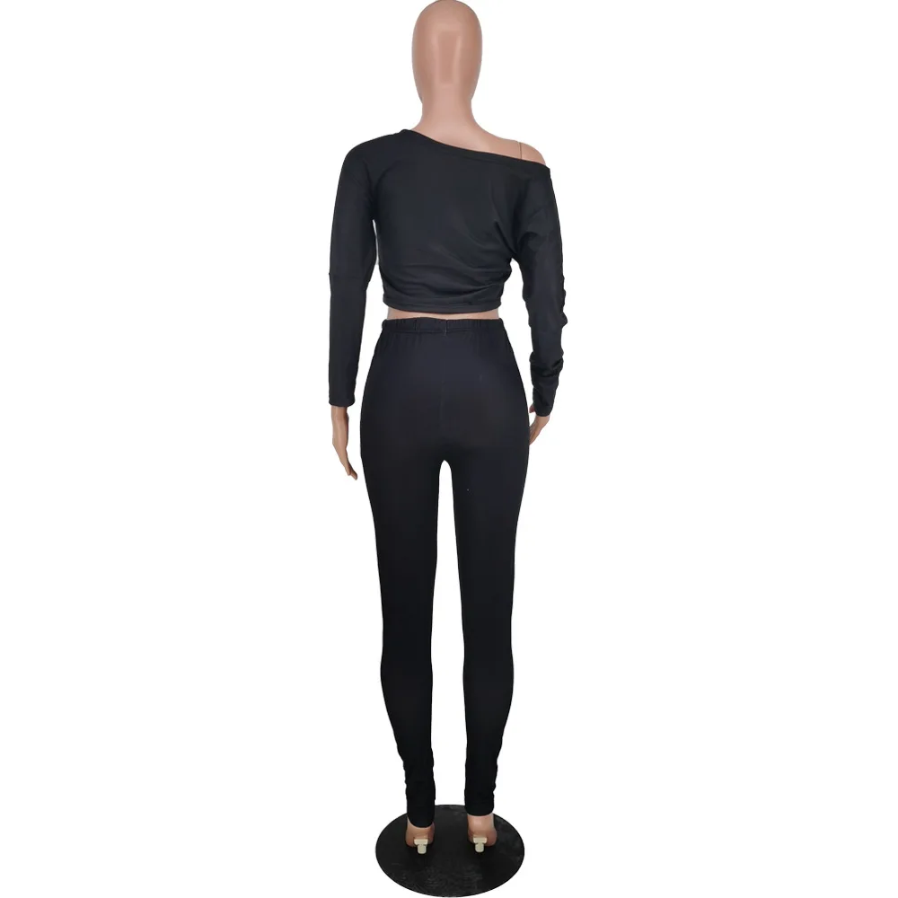 

Letter Mouth Print Sexy Two Piece Suits Women's Set One Shoulder Long Sleeve Crop Top and Sporty Legging Black Fall Sweatsuits