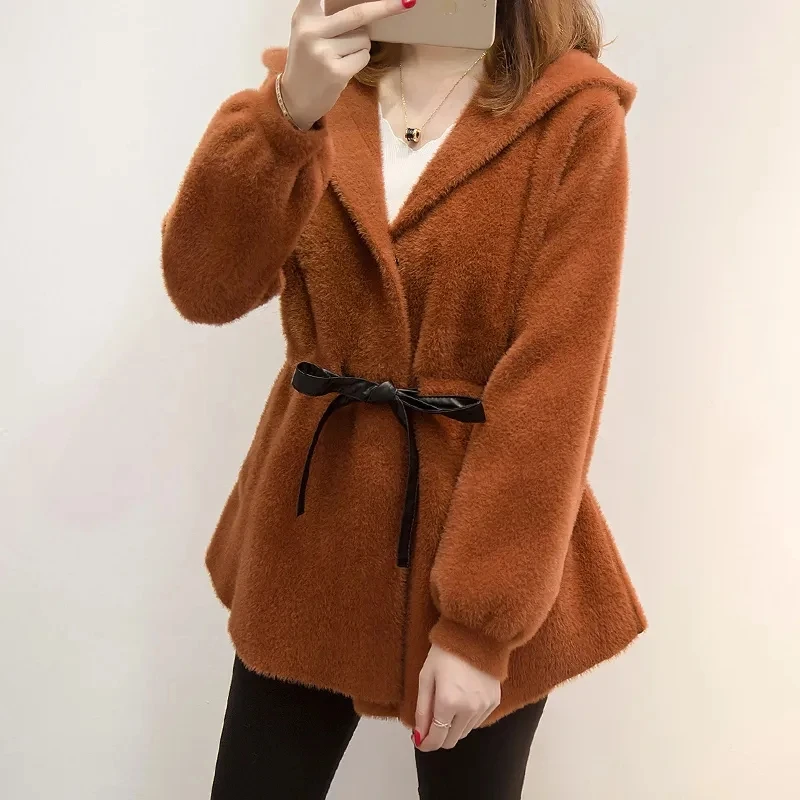 Женский флисовый кардиган с капюшоном повседневный однотонный вязаный из мягкой