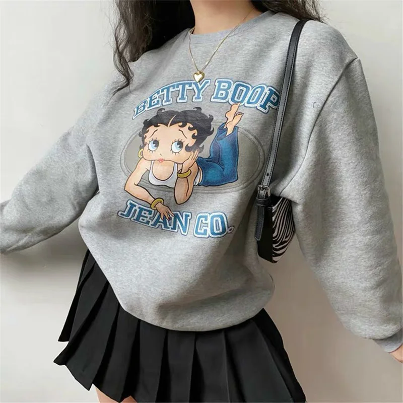 

American Vintage Boop Cartoon Printed 80s 90s Pullover Autumn Long Sleeve Cute Jackets Women Warm Sweatshirts
