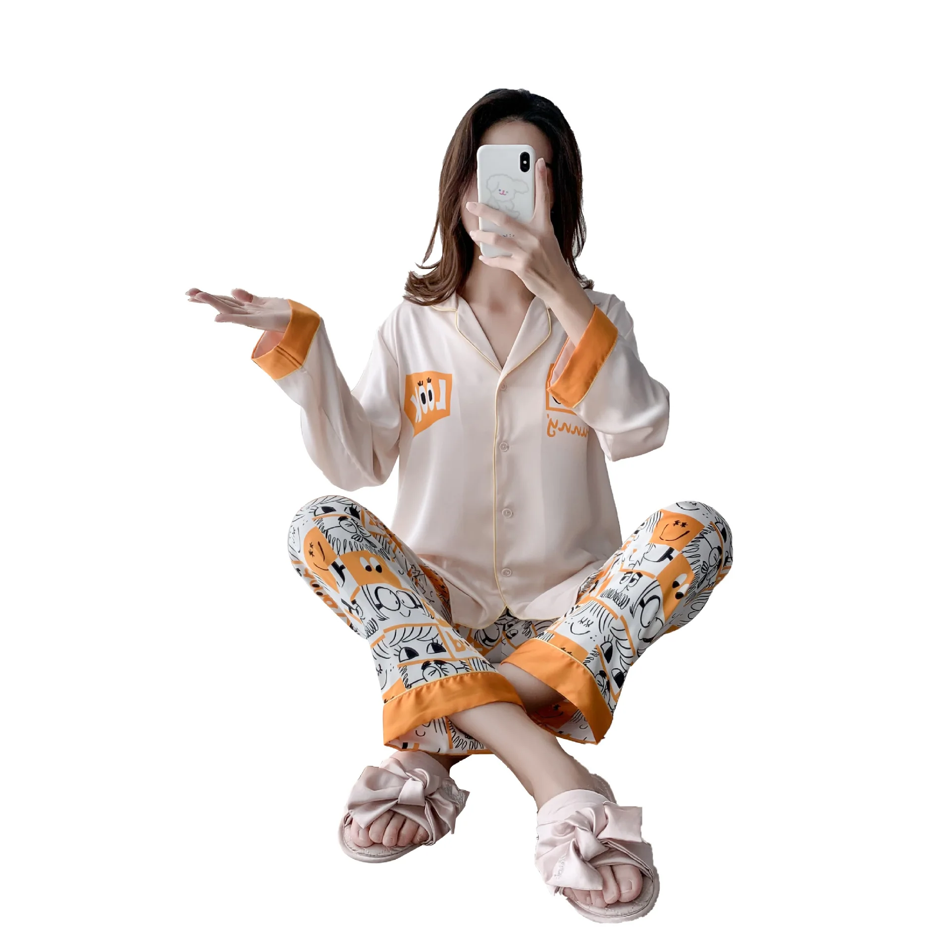 

Satin Silky Pajamas Set Women Printed 2PCS Sleepwear Long Sleeve Shirt&Pants Female Casual Sleep Set Spring Autumn Pyjamas Suit