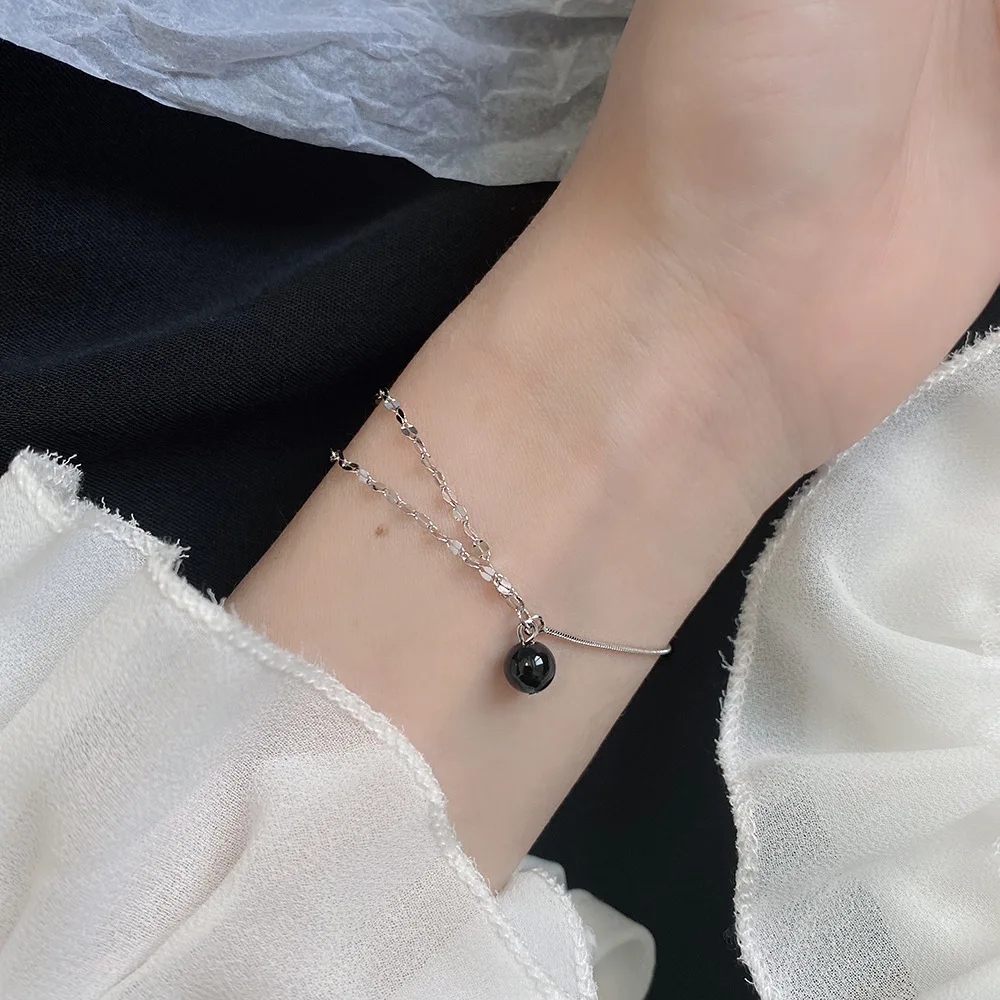 

Grier 2020 Fashion Round Black Agate Bracelet Ladies ins Lucky Charm 925 Silver Bracelet for summer Women Jewelry