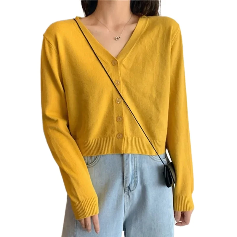 

Женский кардиган с V-образным вырезом, короткий однобортный кардиган с длинными рукавами, весна-осень 2021