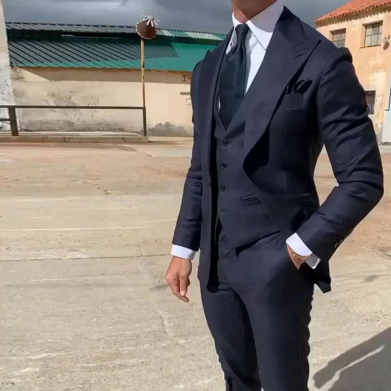 Остроконечный дизайн темно синие костюмы для мужчин 3 предмета деловой мужской