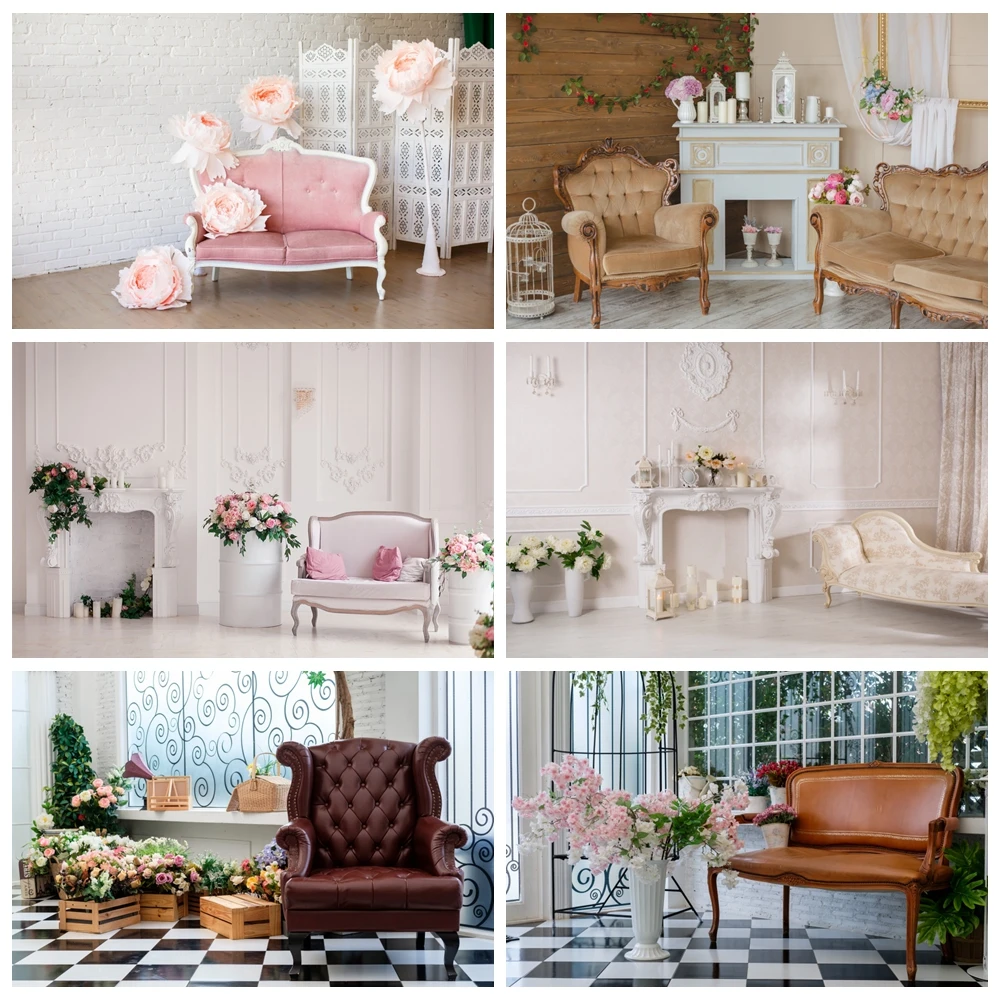 

Laeacco White Chic Wall Fireplace Flowers Sofa Interior Photography Backdrops Photo Backgrounds Wedding Photophone Photo Studio