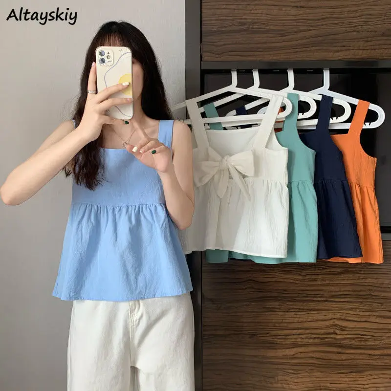 

Tanks Women Colorful Trendy Sexy Korean Square Collar Elegant Bow Backless Loose Streetwear Chic Japan Tops Female Mujer Summer